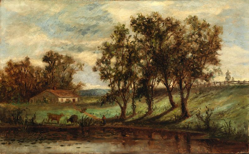 Paisaje con vacas pastando cerca de un estanque, pintura al óleo de Edward Mitchell Bannister