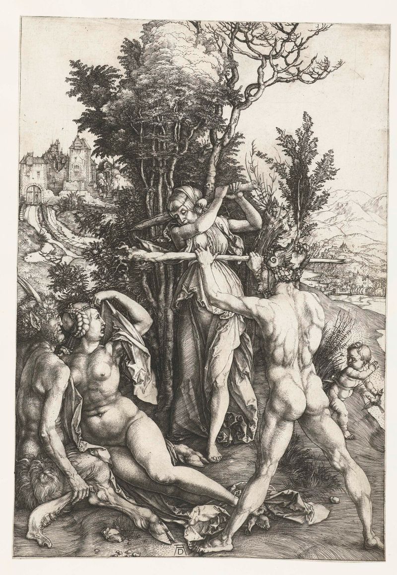 Hercules op de tweesprong grabado de Albrecht Dürer, representando a Hércules en luz dorada.