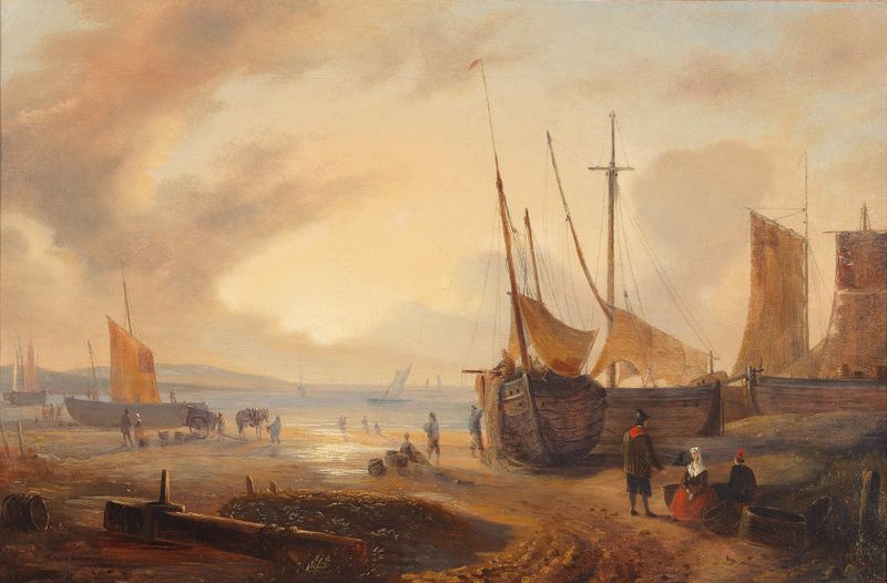 Hafenansicht de Georg Gillis van Haanen, óleo sobre tela que retrata um porto com reflexos.