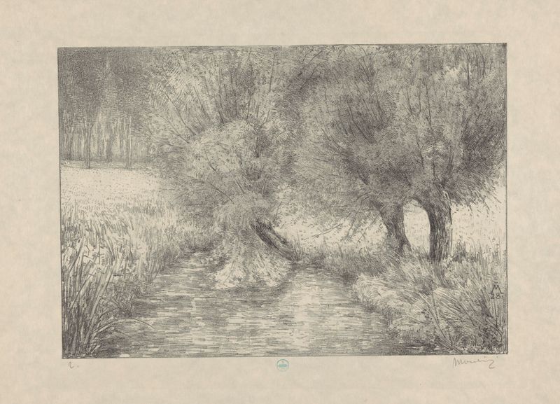 Knotwilgen aan slootkant de Simon Moulijn, óleo sobre lienzo que muestra sauces junto al agua.