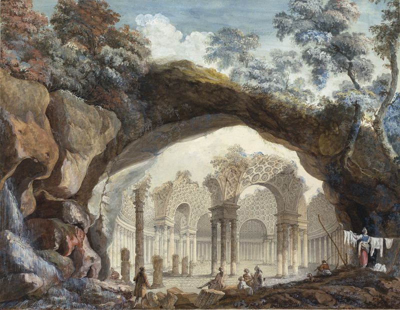 Ruínas de um templo circular vistas através de um arco natural por Pierre-Adrien Pâris, meio desconhecido.
