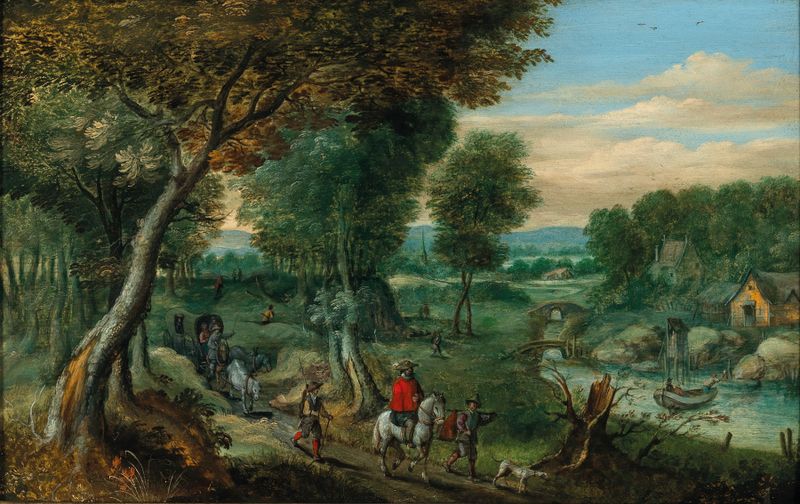 A wooded landscape with travelers by a river, oil on canvas by Mattheus Molanus