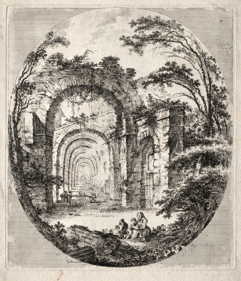 Ancient Ruins by Jean-Claude-Richard de Saint-Non, Rococo, depicting crumbling columns and a decayed landscape.