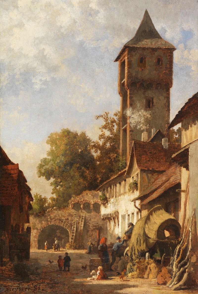 Süddeutsches Städtchen im Sommer de Karl Weysser, pintura a óleo que retrata uma aldeia na luz do verão.