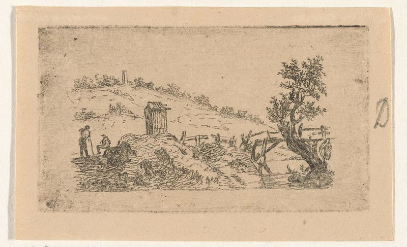 Etching by Reinierus Albertus Ludovicus baron van Isendoorn à Blois featuring a wooden bridge over a stream