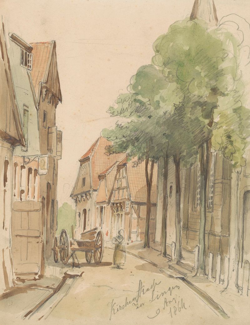 Landscape of Kirchenstraße in Lingen by Jan Striening, realism, depicting cobblestone street and architecture