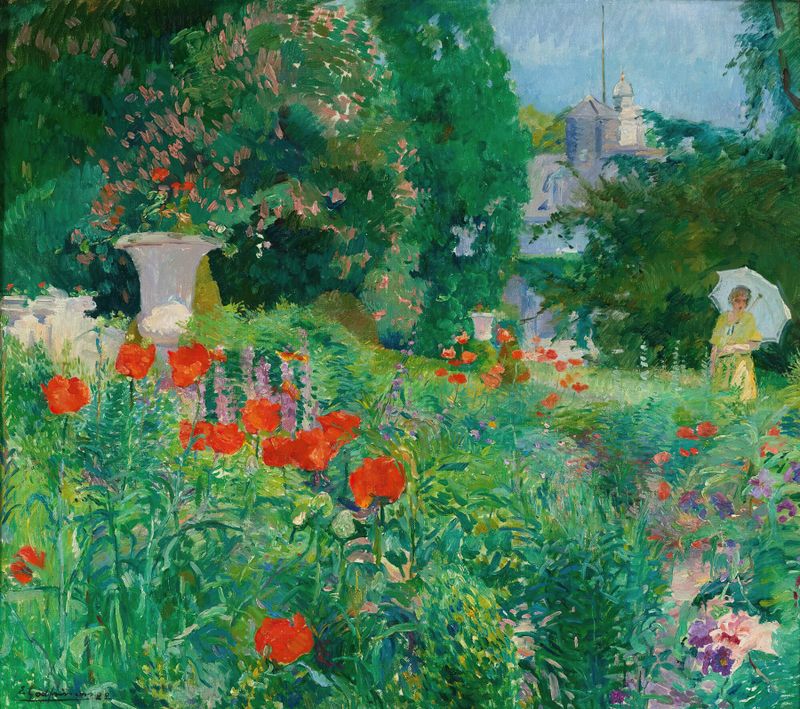 Pintura figurativa a óleo de Ernest Jean Joseph Godfrinon com uma figura em um campo de papoulas