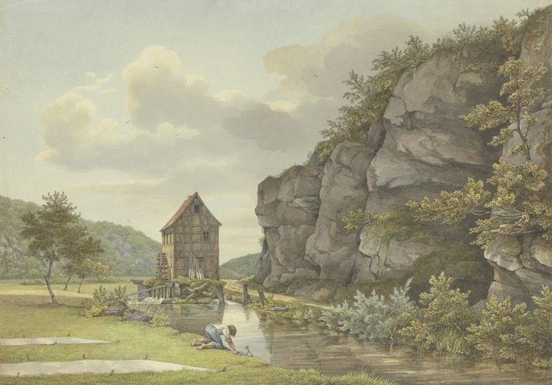 Pintura de paisagem a óleo de Carl Morgenstern mostrando colinas e um céu tranquilo.