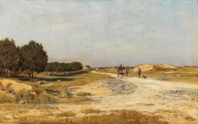 A Country Road near Cayeux by Eugen Jettel, oil painting depicting a winding road in a sunlit landscape.