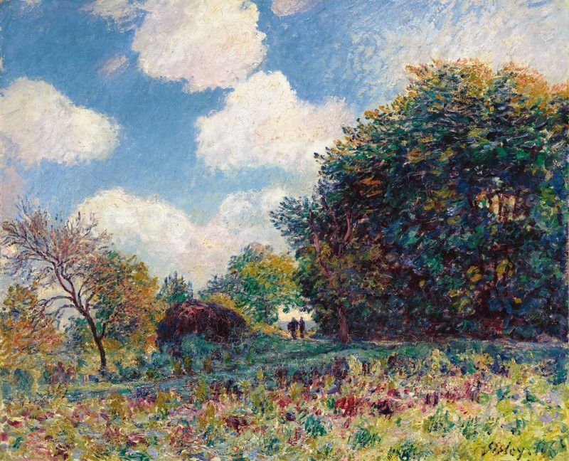 Chemin À L’entrée D’un Bois de Alfred Sisley, óleo sobre tela que retrata um caminho na floresta com luz solar.