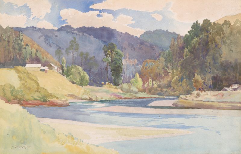 Waikanae de Frank Wright, retratando águas azuis e gramíneas suaves, Pós-Impressionismo