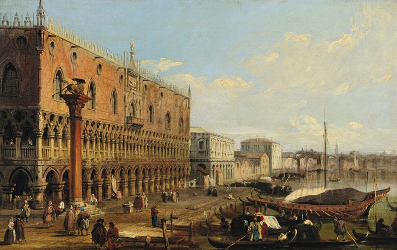 El Palacio Ducal de James Holland, con arcos y luz dorada, pintura al óleo