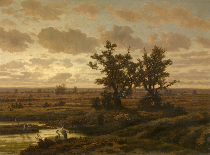 Landscape of marshland with fog, oil painting by Jean Pierre François Lamorinière