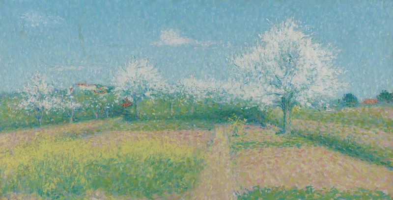 Oil painting by Achille Laugé depicting a landscape with trees and golden light