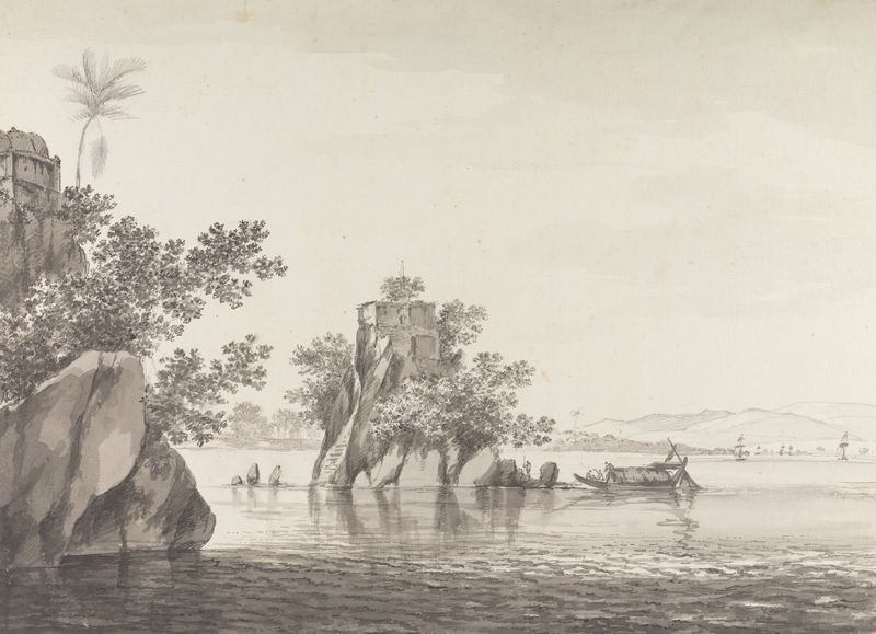 Dibujo de paisaje con verdes exuberantes y aguas serenas de William Hodges