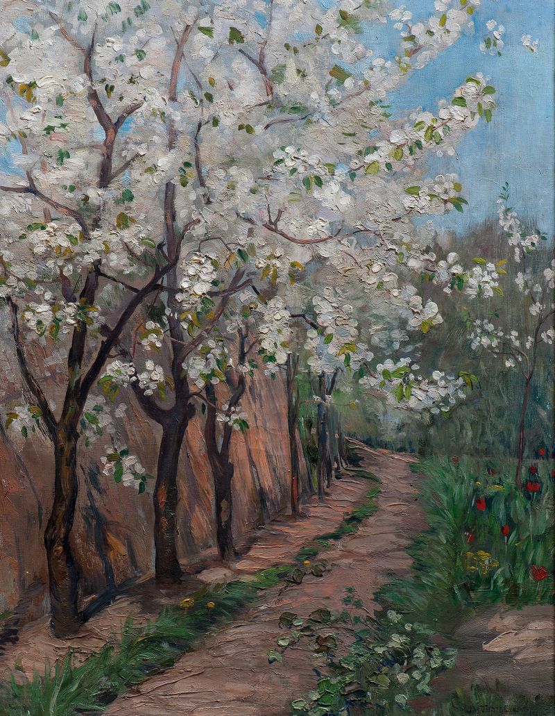 Cherry Blossom acuarela sobre papel de Ingeborg Eggertz con delicadas flores rosas