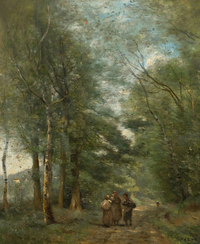 Escena de género de dos campesinos conversando junto a un camino, pintura al óleo de Jean-Baptiste-Camille Corot