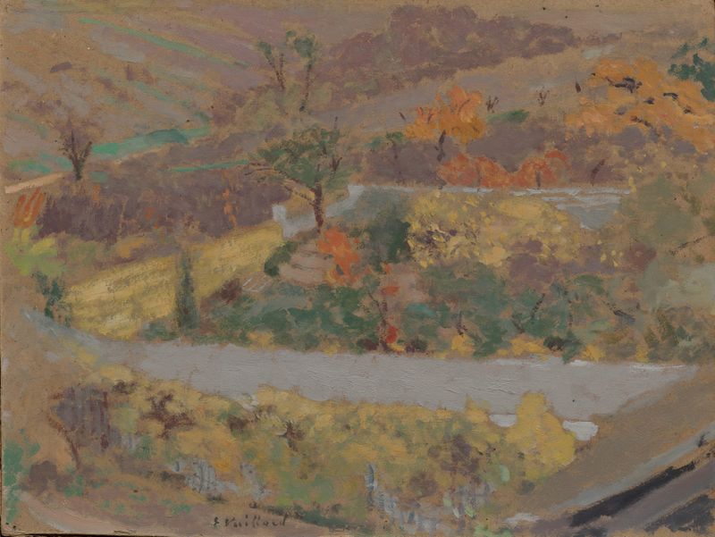 Orchard de Édouard Vuillard, óleo que apresenta árvores em flor e luz filtrada.