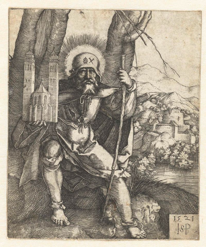 Heilige Sebaldus als pelgrim met een kerkmodel gravura de Hans Sebald Beham