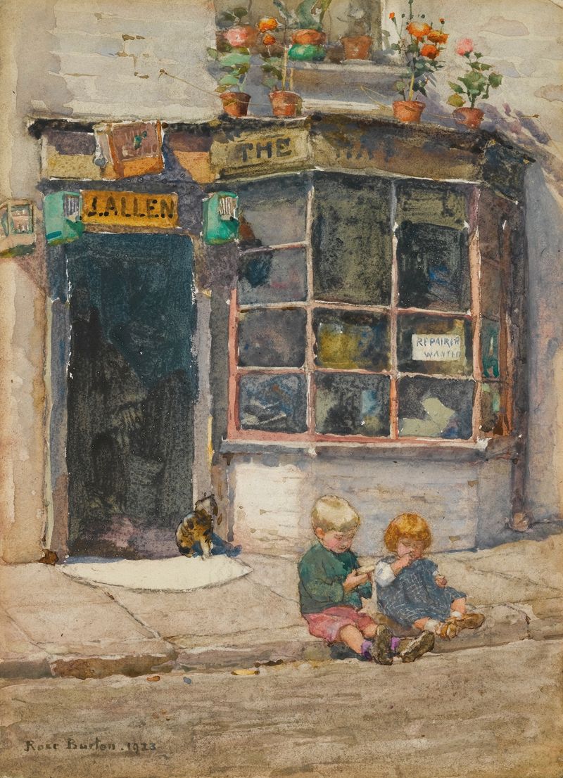 Cobbler’s Shop In Lancelot Place, oil on canvas by Rose Barton