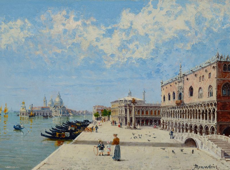 Marine scene with figures by the molo, oil on canvas by Antonietta Brandeis