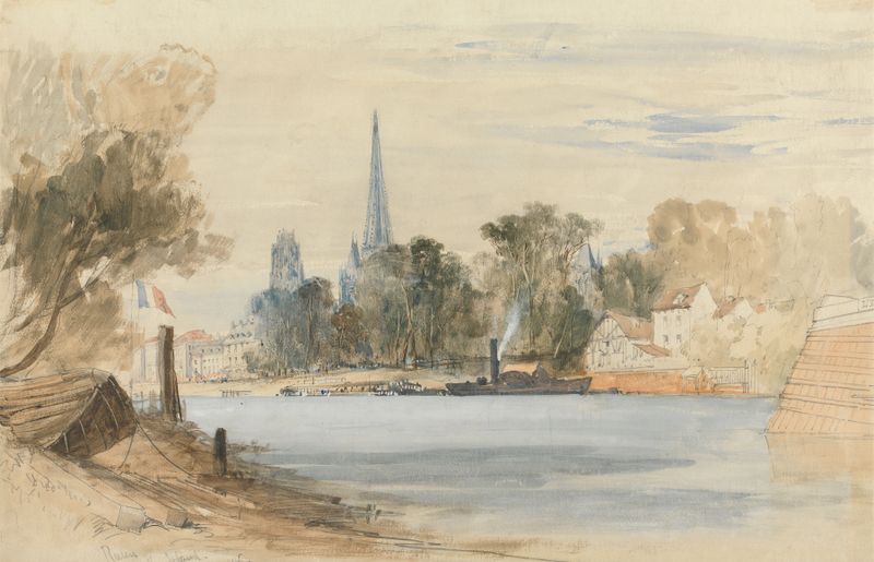 A serene river landscape by Thomas Charles Leeson Rowbotham, oil on canvas.