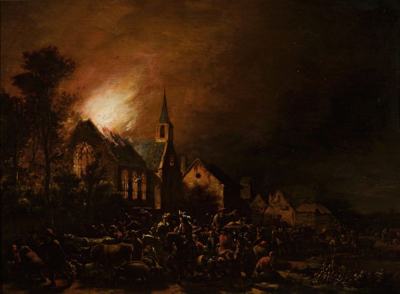 Church on fire by Egbert van der Poel, oil painting depicting a church engulfed in flames.