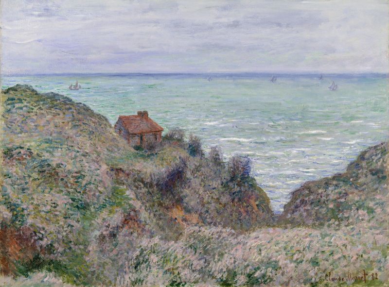 Paisaje de una cabaña rústica bajo un cielo tormentoso, pintura al óleo de Claude Monet