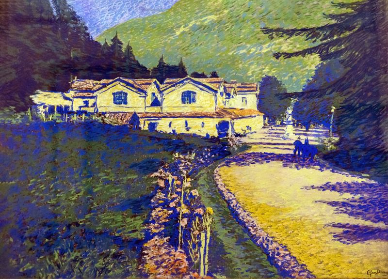 The Thermal Baths of Luchon by Georges Gaudion, oil on canvas showing tranquil water reflections.