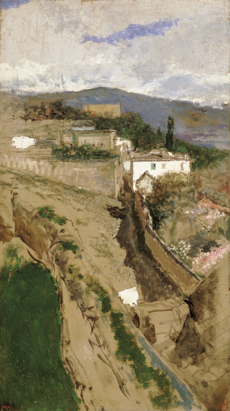 Granada Landscape by Mariano Fortuny Marsal, oil on canvas depicting lush hills and mountains.