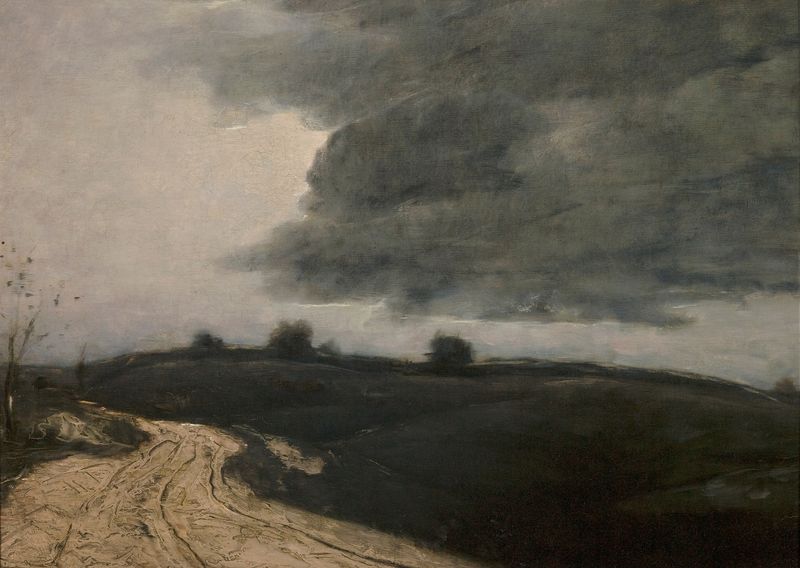 Landscape de Julian Alden Weir, óleo sobre tela, representando um horizonte sereno com tons suaves.