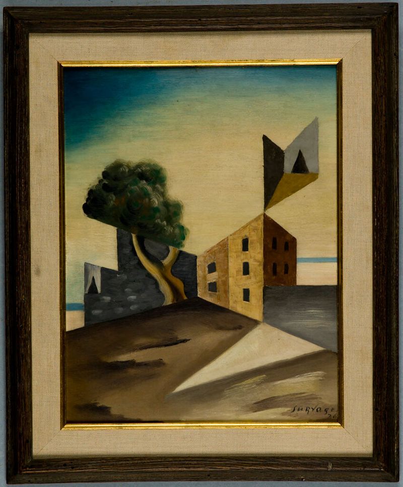 Casa e Árvore de Léopold Survage, óleo sobre tela retratando uma casa e uma árvore em cores vibrantes.