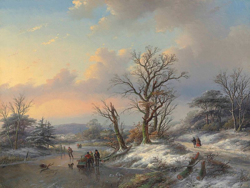 Wood gatherers on the ice by Jan Jacob Coenraad Spohler, realism, figures in a winter landscape.