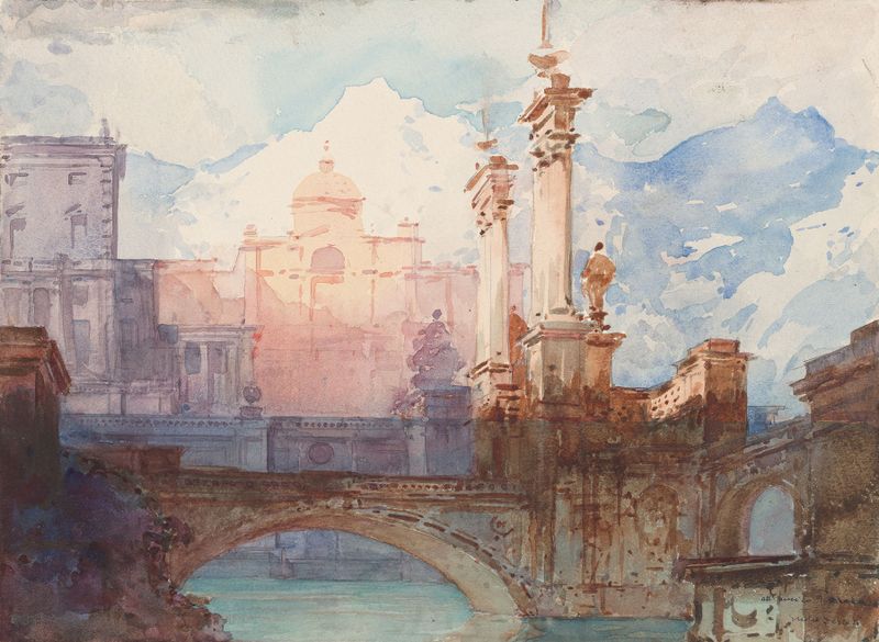 Pintura al óleo de Giulio Ferrari que muestra un puente sobre agua con un fondo de palacio