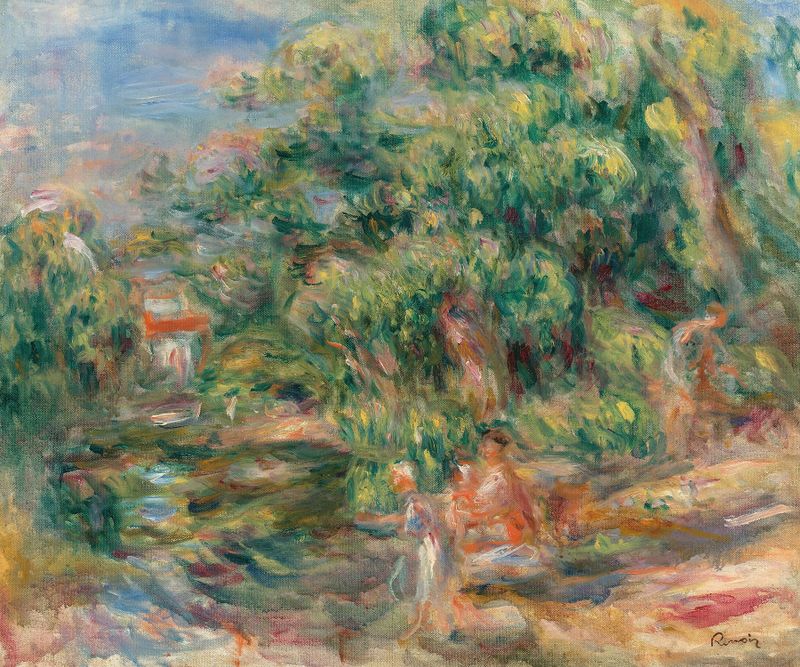 Lavandières au bord du Loup, óleo sobre tela de Pierre-Auguste Renoir mostrando lavadeiras ao lado do rio.
