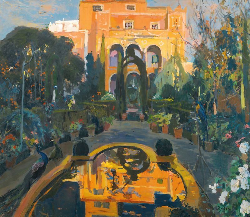O Jardim do Artista de Joaquin Mir Trinxet, óleo sobre tela que retrata um jardim colorido com uma figura pintando.