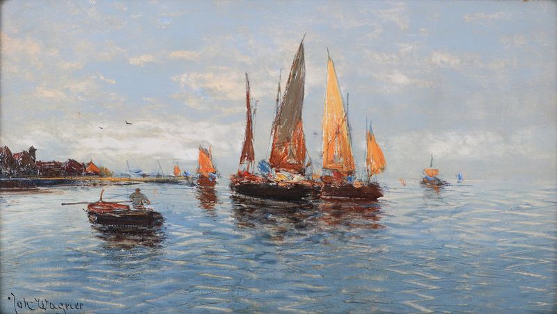 Fischerboote de Hans Johann Wagner, realismo, que muestra barcos en el agua.