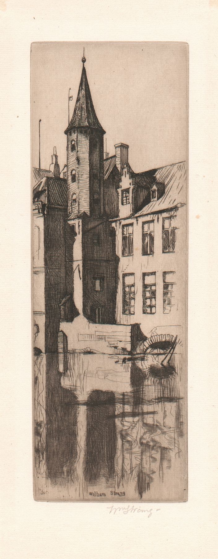 Engraving by William Strang depicting the Quay of the Rosary, Bruges, with water reflections