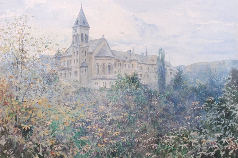 Pintura al óleo de paisaje de Václav Jansa con una fortaleza bajo un cielo tormentoso.