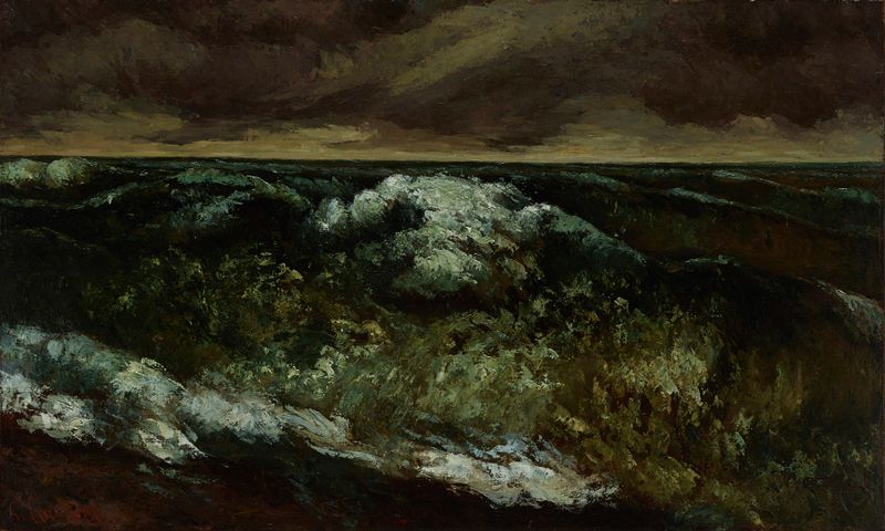 A Onda de Gustave Courbet, pintura a óleo que retrata uma onda oceânica turbulenta.
