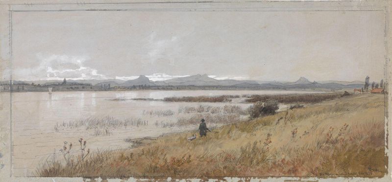 Landscape with hills and lake by Hans Gude, 1878, oil painting