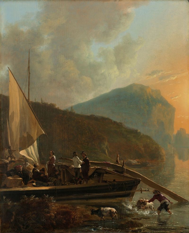 Italianate River Landscape by Adam Pynacker, oil painting depicting a tranquil river and lush foliage.