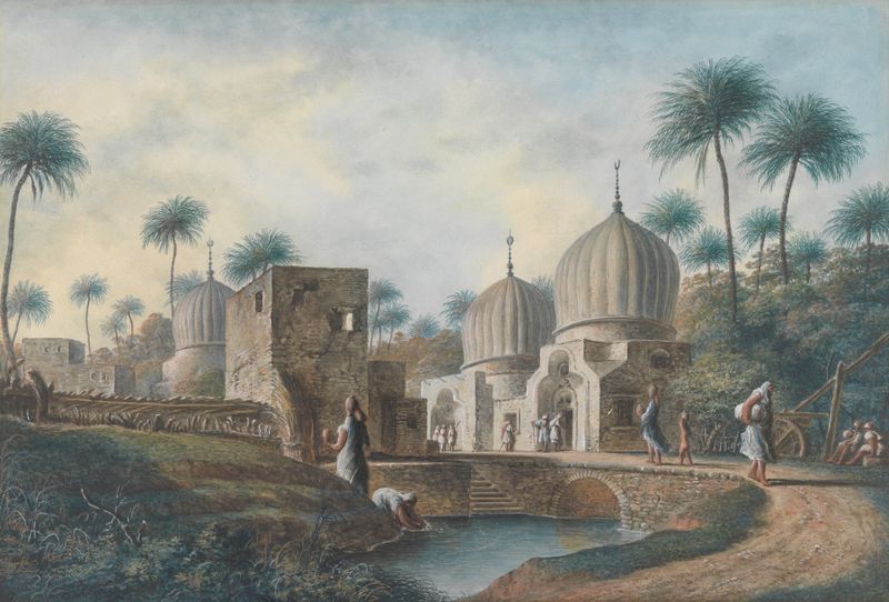 Tumbas de Grandes Santos Árabes grabado de Luigi Mayer que muestra mausoleos ornamentados en un paisaje.