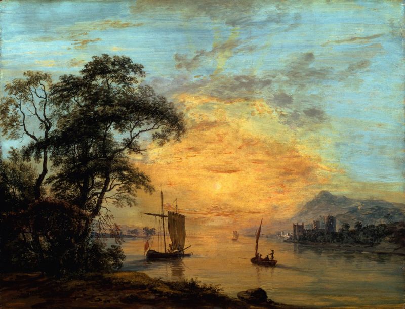 A Welsh Sunset River Landscape de Paul Sandby, aquarela sobre papel, retrata um rio ao crepúsculo com reflexos vibrantes.