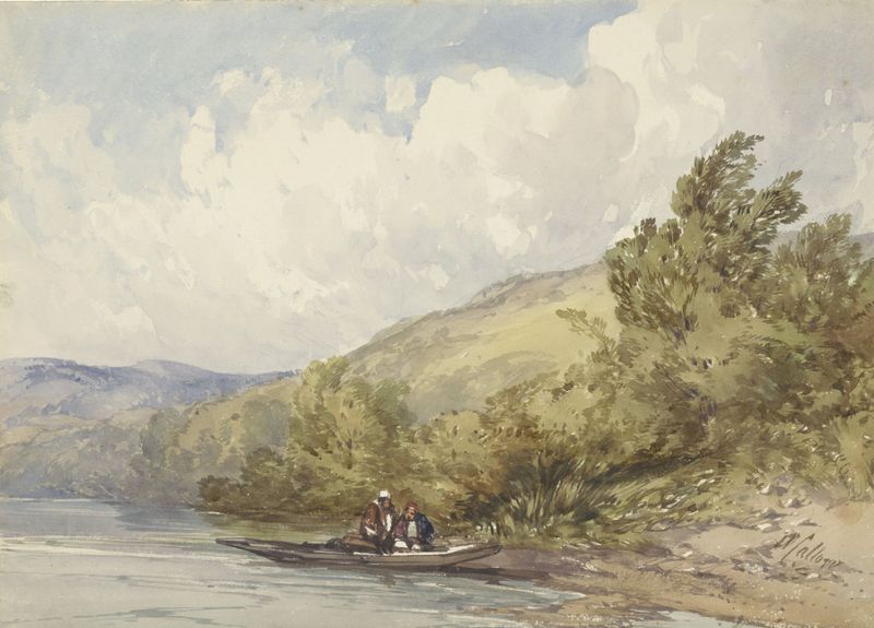 Paisaje con un lago y un bote con dos figuras de William Callow, pintura al óleo
