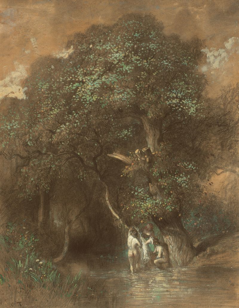 Bathers by a Giant Oak, oil painting by Constant Troyon, featuring figures under a large oak tree.