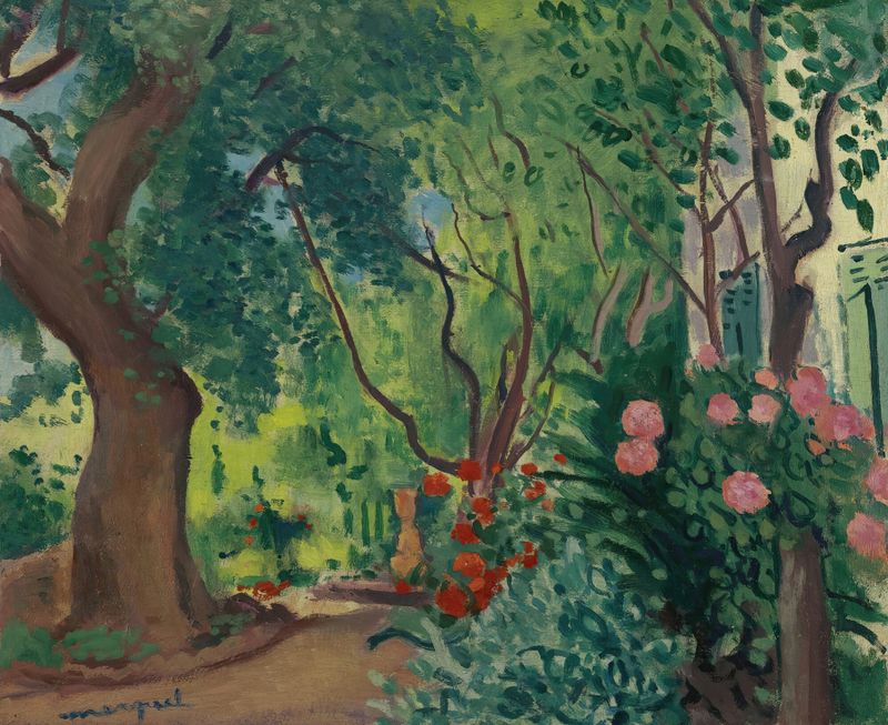 L’allée Du Jardin de Albert Marquet, pintura al óleo de un sendero de jardín bajo un vibrante dosel.