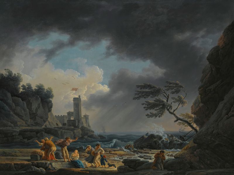 Gravura de Claude-Joseph Vernet retratando uma cena costeira tempestuosa com figuras na praia.