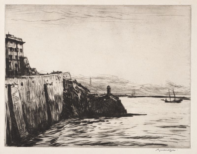 Evening, Port of Genoa de Muirhead Bone, pintura a óleo que retrata barcos ao crepúsculo.