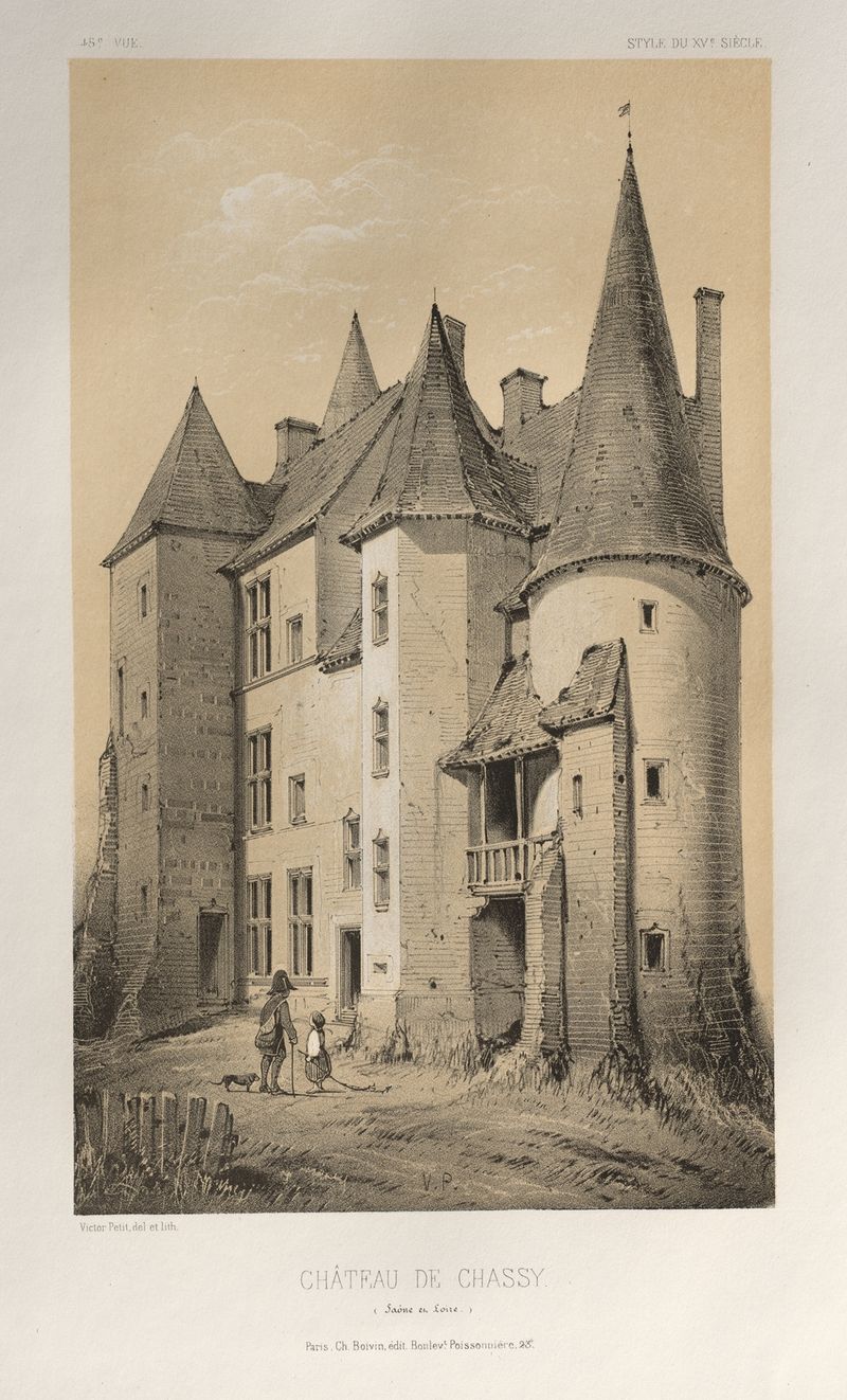 Château De Chassy de Victor Petit, óleo sobre tela retratando uma paisagem com um château e céu azul.